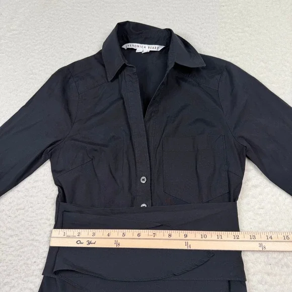 Veronica Beard Janelle Shirt Dress Size 00 Black Long Sleeve Tie Waist Midi - Picture 8 of 11